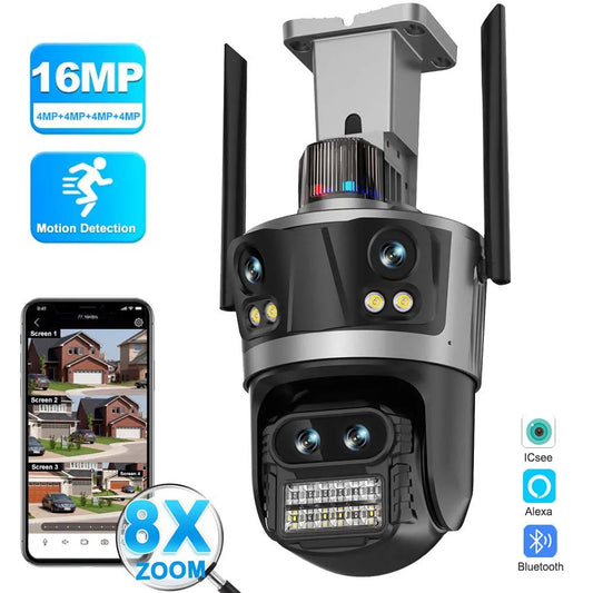 8K 16MP WiFi IP Camera 8X Zoom Four Lens Outdoor PTZ Security Camera Auto Tracking Smart Security Protection CCTV Video Camera